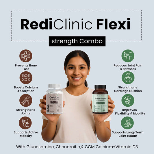 RediClinic Flexi Strength with Calcium Citrate Malate, Cissus Quadrangularis, Glucosamine & Chondroitin | The World’s No.1 Combo for Total Bone and Joint Health