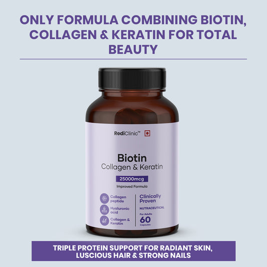 RediClinic Biotin Capsules for Men & Women | Biotin, Keratin, Collagen & Sesbania Extract | Supports Hair, Skin & Nails | Boosts Skin Elasticity & Reduces Wrinkles