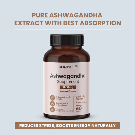 RediClinic Ashwagandha Tablets : Organic Extract with Black Pepper | 1400mg | 60 Capsules