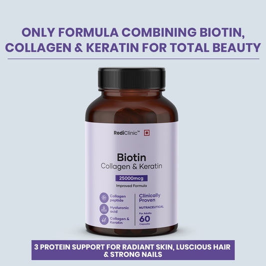 RediClinic Biotin Capsules for Men & Women | Biotin, Keratin, Collagen & Sesbania Extract | Supports Hair, Skin & Nails | Boosts Skin Elasticity & Reduces Wrinkles