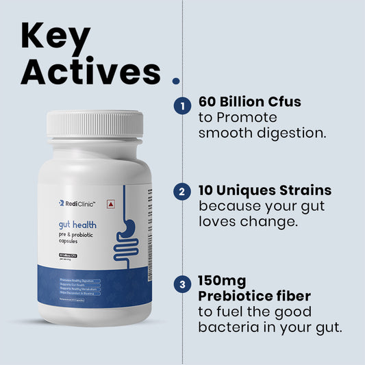 RediClinic Gut Health Pre & Probiotic Capsules with Inulin from Chicory | 60 Billion CFUs for Stronger Digestion, Gut Balance & Vitality | 60 Capsules