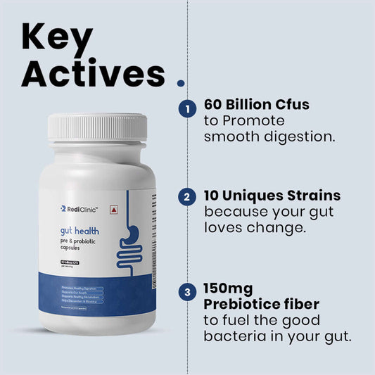 RediClinic Gut Health Pre & Probiotic Capsules with Inulin from Chicory | 60 Billion CFUs for Stronger Digestion, Gut Balance & Vitality | 60 Capsules