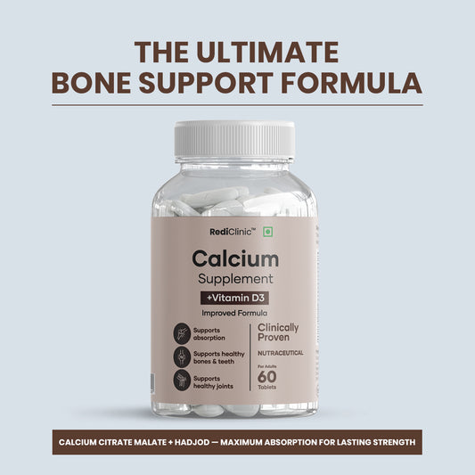 RediClinic Advanced Calcium Complex Tablets with Calcium Citrate Malate, Magnesium, Zinc, Vitamin D3, Vitamin B12 & Cissus Quadrangularis | Complete Bone Strength & Joint Support Formula | 60 Tablets