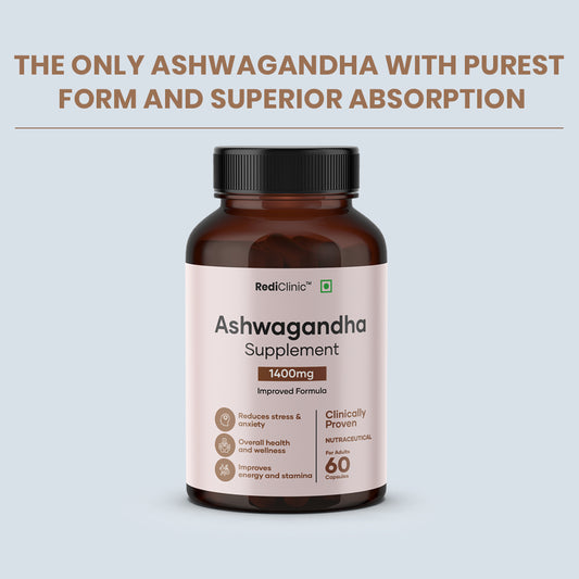 RediClinic Ashwagandha Tablets : Organic Extract with Black Pepper | 1400mg | 60 Capsules