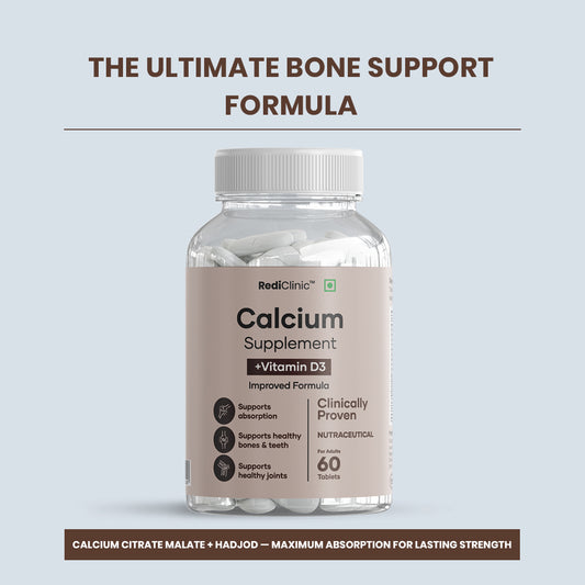 RediClinic Advanced Calcium Complex Tablets with Calcium Citrate Malate, Magnesium, Zinc, Vitamin D3, Vitamin B12 & Cissus Quadrangularis | Complete Bone Strength & Joint Support Formula | 60 Tablets