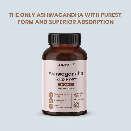 RediClinic Ashwagandha Tablets : Organic Extract with Black Pepper | 1400mg | 60 Capsules