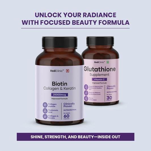 RediClinic Ultimate Skin Glow Kit | Pure Japanese Glutathione (500mg) And Biotin Collagen, Keratin (25000mcg) | RediClinic