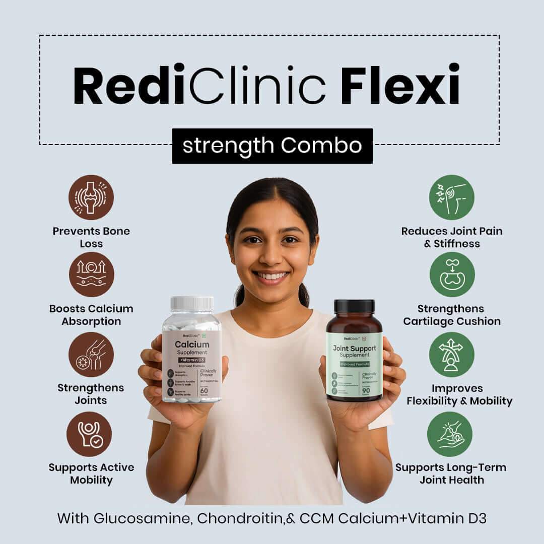 RediClinic Flexi Strength with Calcium Citrate Malate, Cissus Quadrangularis, Glucosamine & Chondroitin | The World’s No.1 Combo for Total Bone and Joint Health