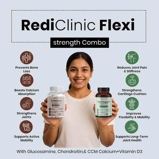 RediClinic Flexi Strength with Calcium Citrate Malate, Cissus Quadrangularis, Glucosamine & Chondroitin | The World’s No.1 Combo for Total Bone and Joint Health