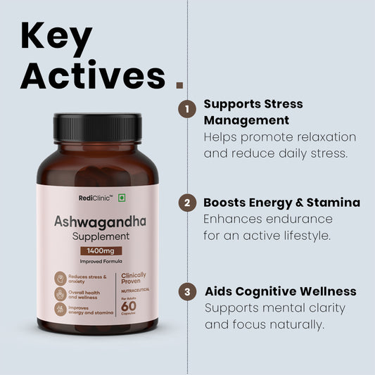 RediClinic Ashwagandha Tablets : Organic Extract with Black Pepper | 1400mg | 60 Capsules