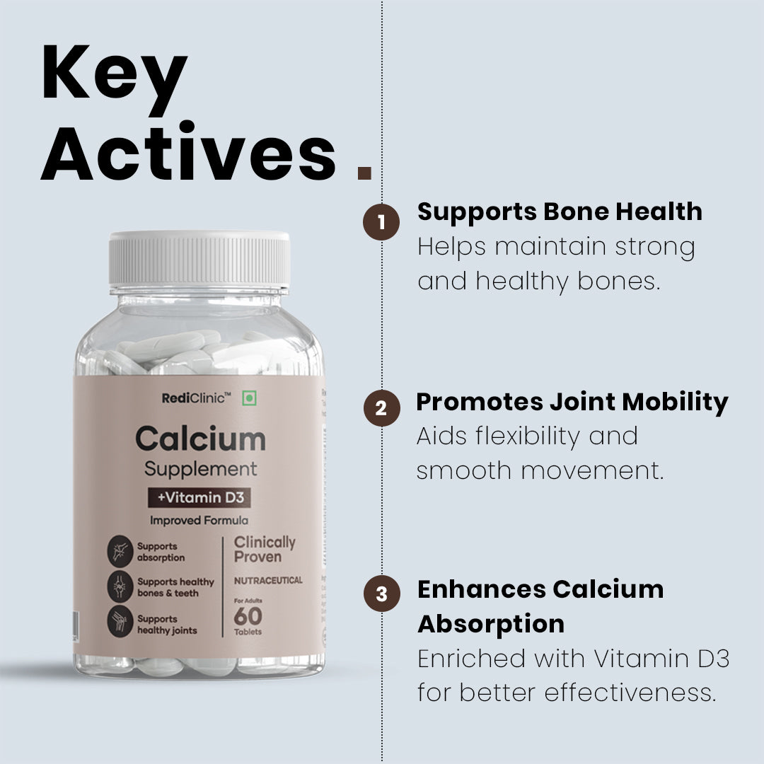 Rediclinic Calcium Tablets with Magnesium, Zinc, Vitamin D3 and Cissus Quadrangularis For Stronger Bones | 60 Tablets