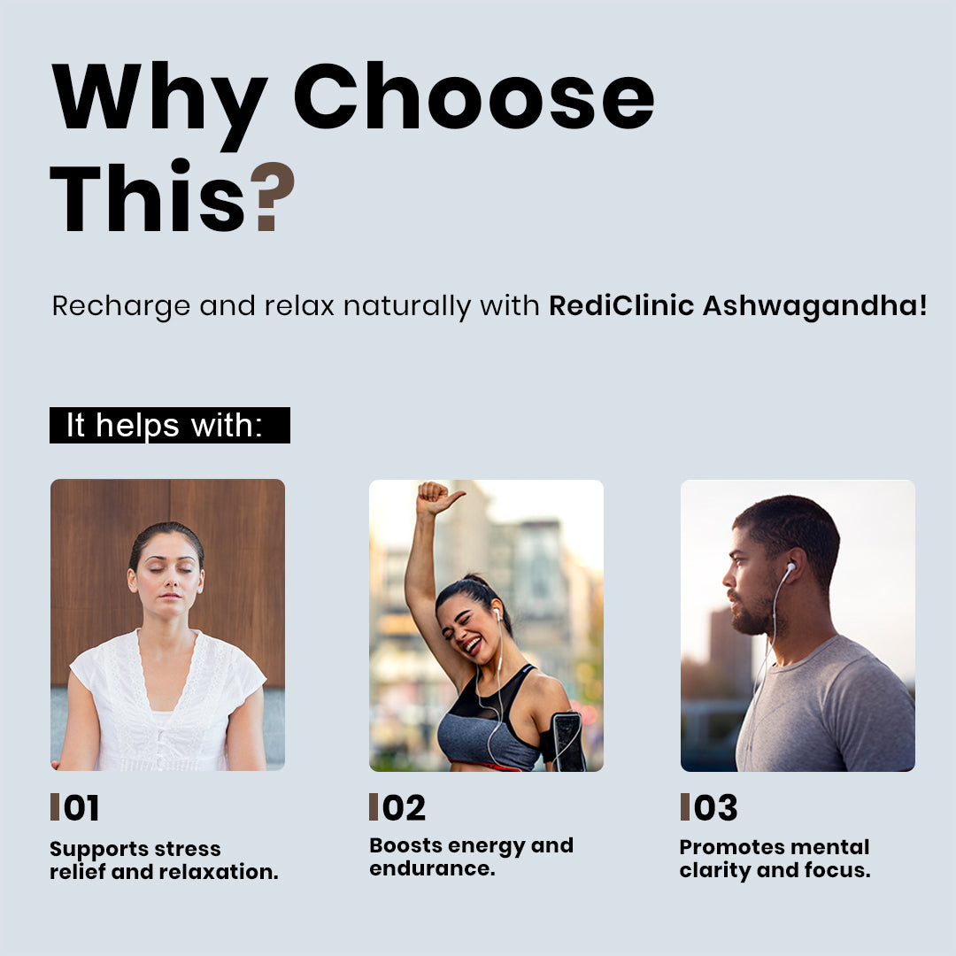 RediClinic Ashwagandha Tablets : Organic Extract with Black Pepper | 1400mg | 60 Capsules