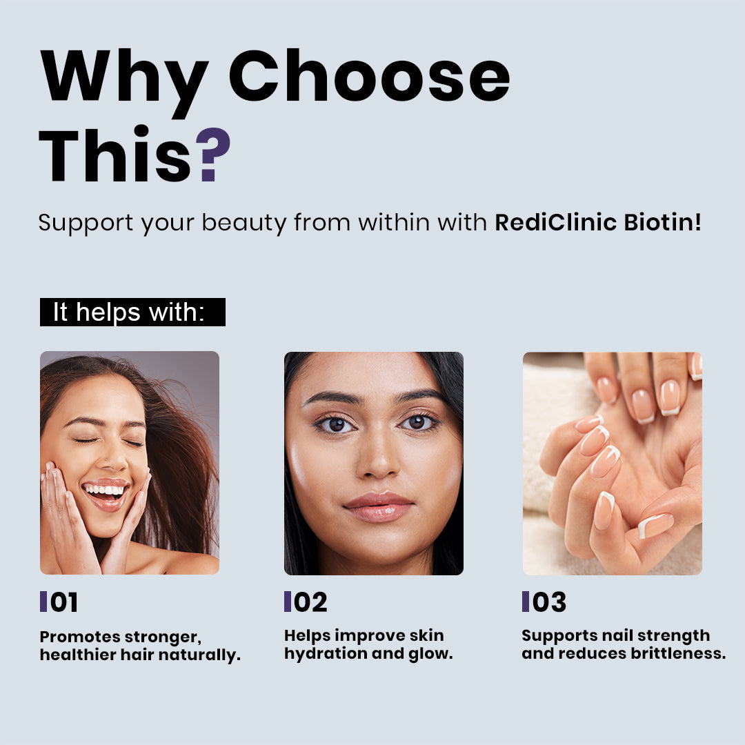 RediClinic Biotin Capsules for Men & Women | Biotin, Keratin, Collagen & Sesbania Extract | Supports Hair, Skin & Nails | Boosts Skin Elasticity & Reduces Wrinkles