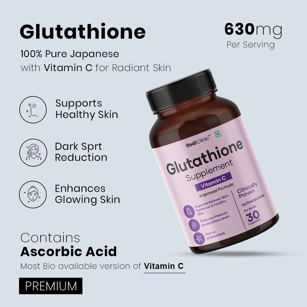 RediClinic Glutathione Capsules : 100% Pure Japanese Glutathione with Vitamin C for Radiant Skin