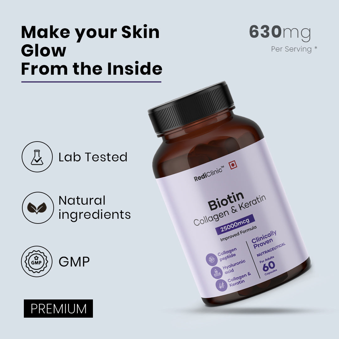 RediClinic Biotin Capsules for Men & Women | Biotin, Keratin & Collagen | Supports Hair, Skin & Nails | Boosts Skin Elasticity & Reduces Wrinkles