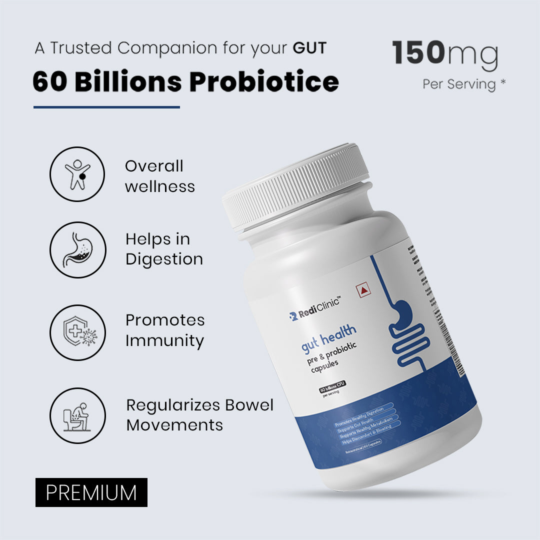 RediClinic Gut Health Pre & Probiotic Capsules with Inulin from Chicory | 60 Billion CFUs for Stronger Digestion, Gut Balance & Vitality | 60 Capsules