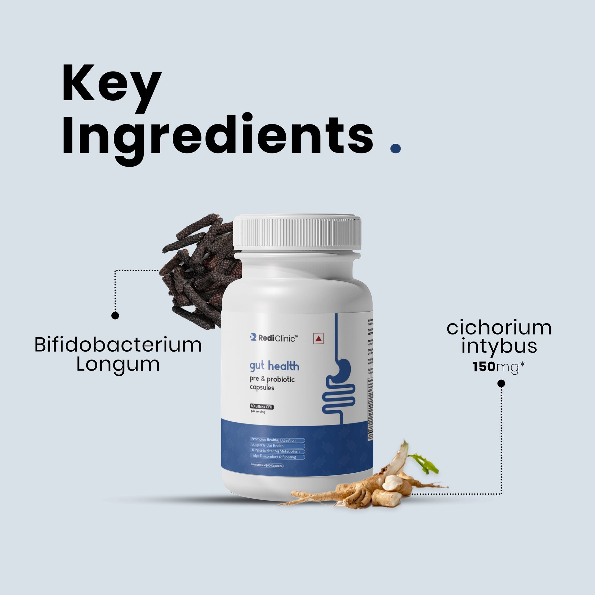RediClinic Gut Health Pre & Probiotic Capsules with Inulin from Chicory | 60 Billion CFUs for Stronger Digestion, Gut Balance & Vitality | 60 Capsules