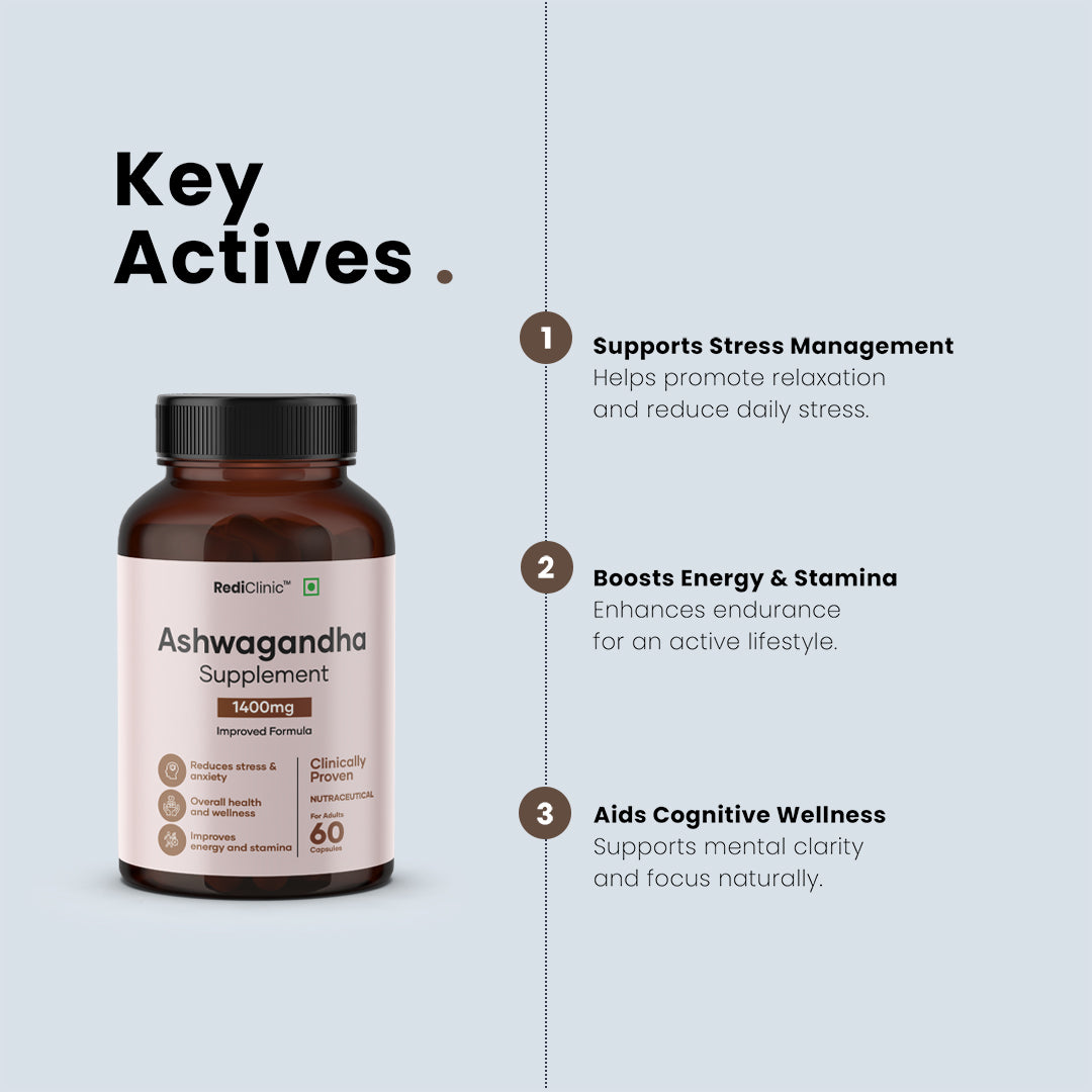 RediClinic Ashwagandha Tablets : Organic Extract with Black Pepper | 2100mg | 60 Capsules