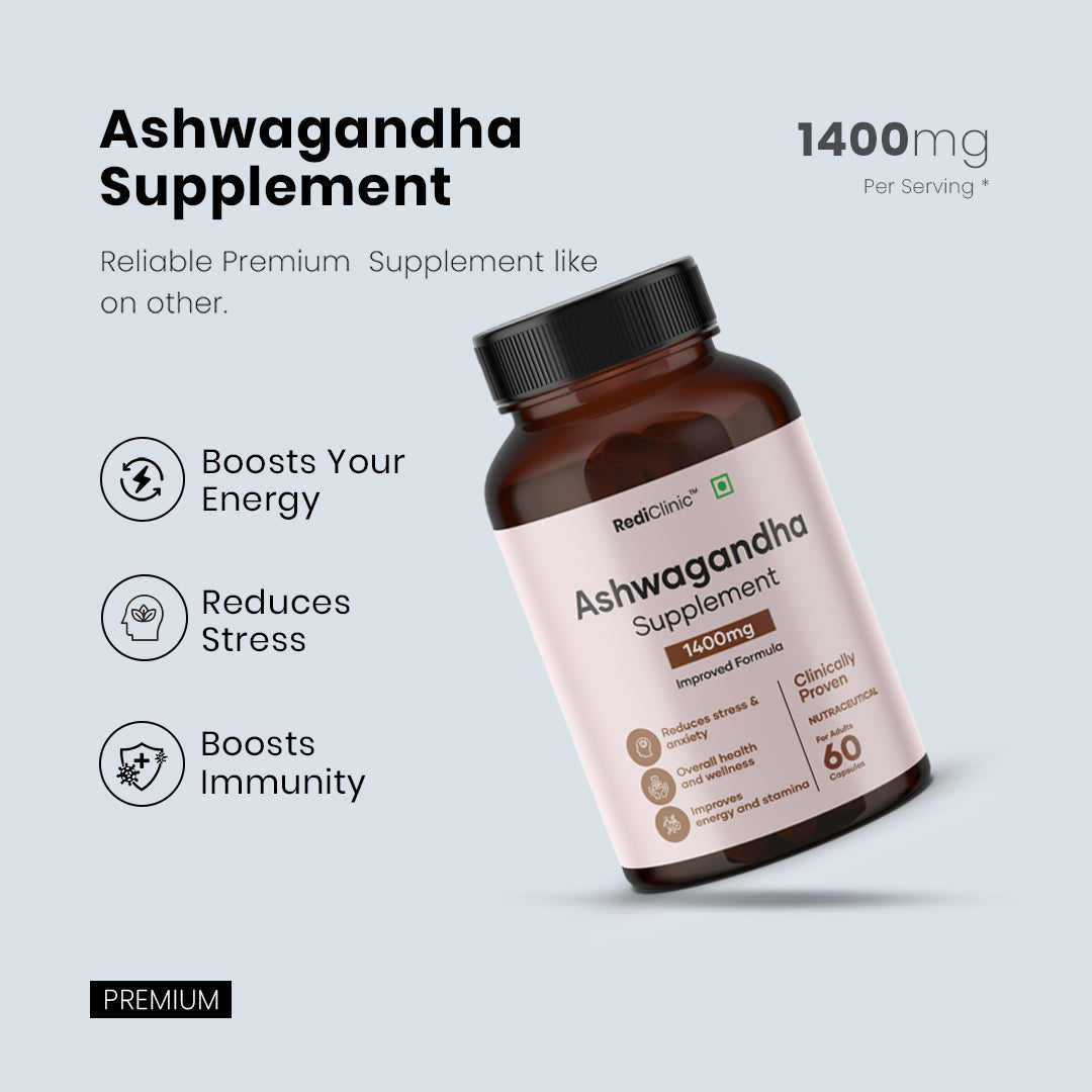 RediClinic Ashwagandha Tablets : Organic Extract with Black Pepper | 2100mg | 60 Capsules