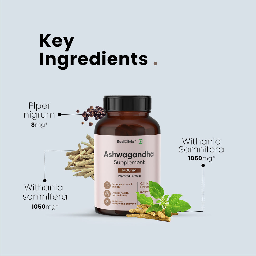 RediClinic Ashwagandha Tablets : Organic Extract with Black Pepper | 2100mg | 60 Capsules