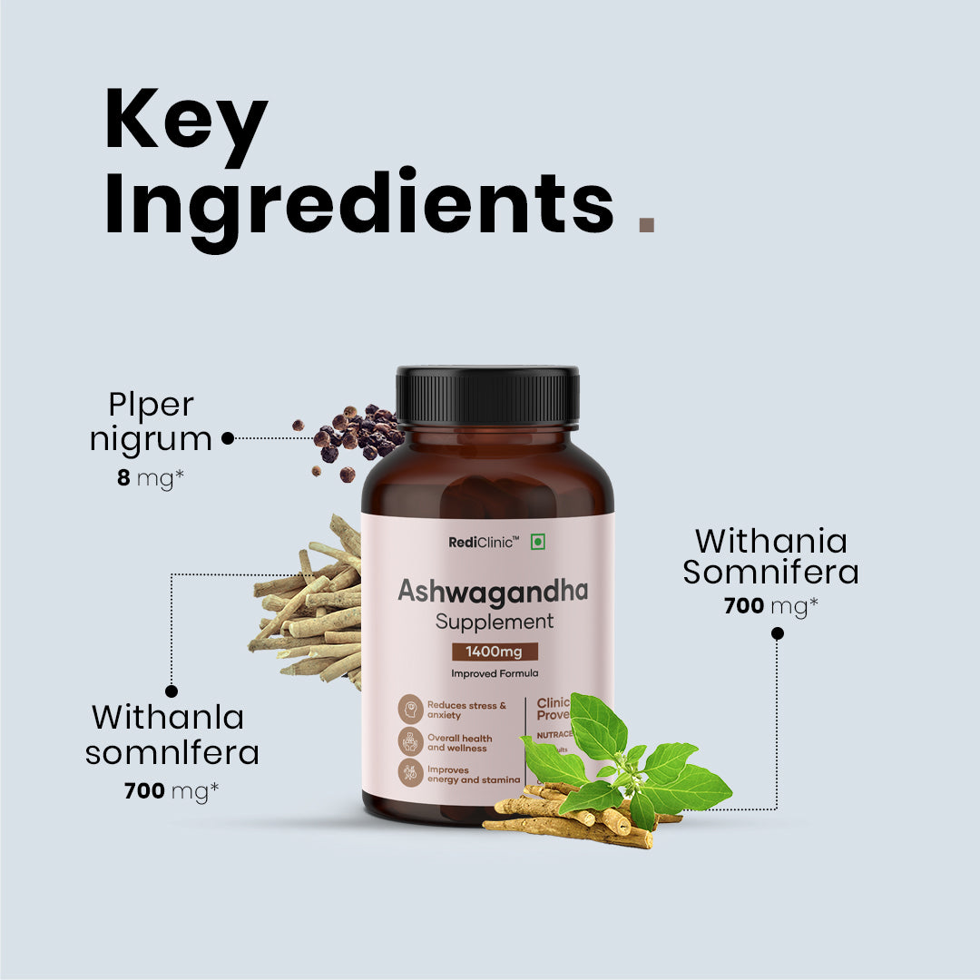 RediClinic Ashwagandha Tablets : Organic Extract with Black Pepper | 1400mg | 60 Capsules