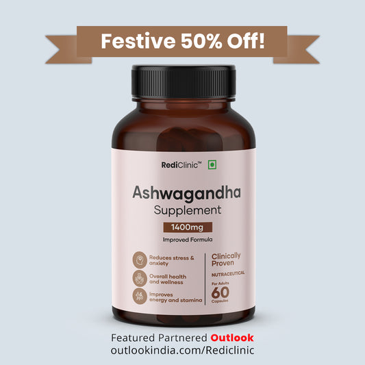RediClinic Ashwagandha Tablets : Organic Extract with Black Pepper | 1400mg | 60 Capsules