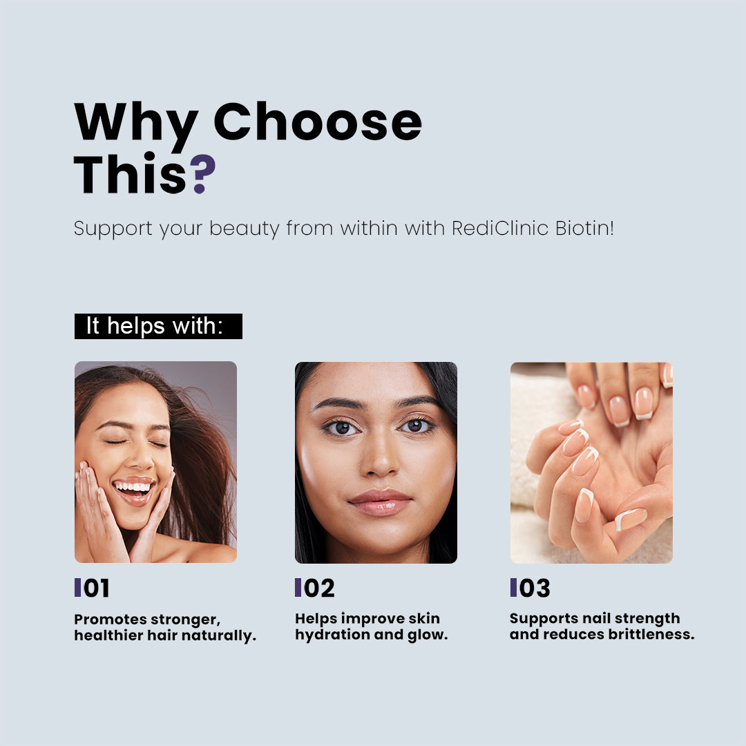 RediClinic Biotin Capsules for Men and Women | Biotin, Keratin and Collagen Peptides | Supports Healthy Hair, Skin and Nails | Helps Enhance Skin Elasticity and Hydration | Helps in Controlling Wrinkles and Fine Lines