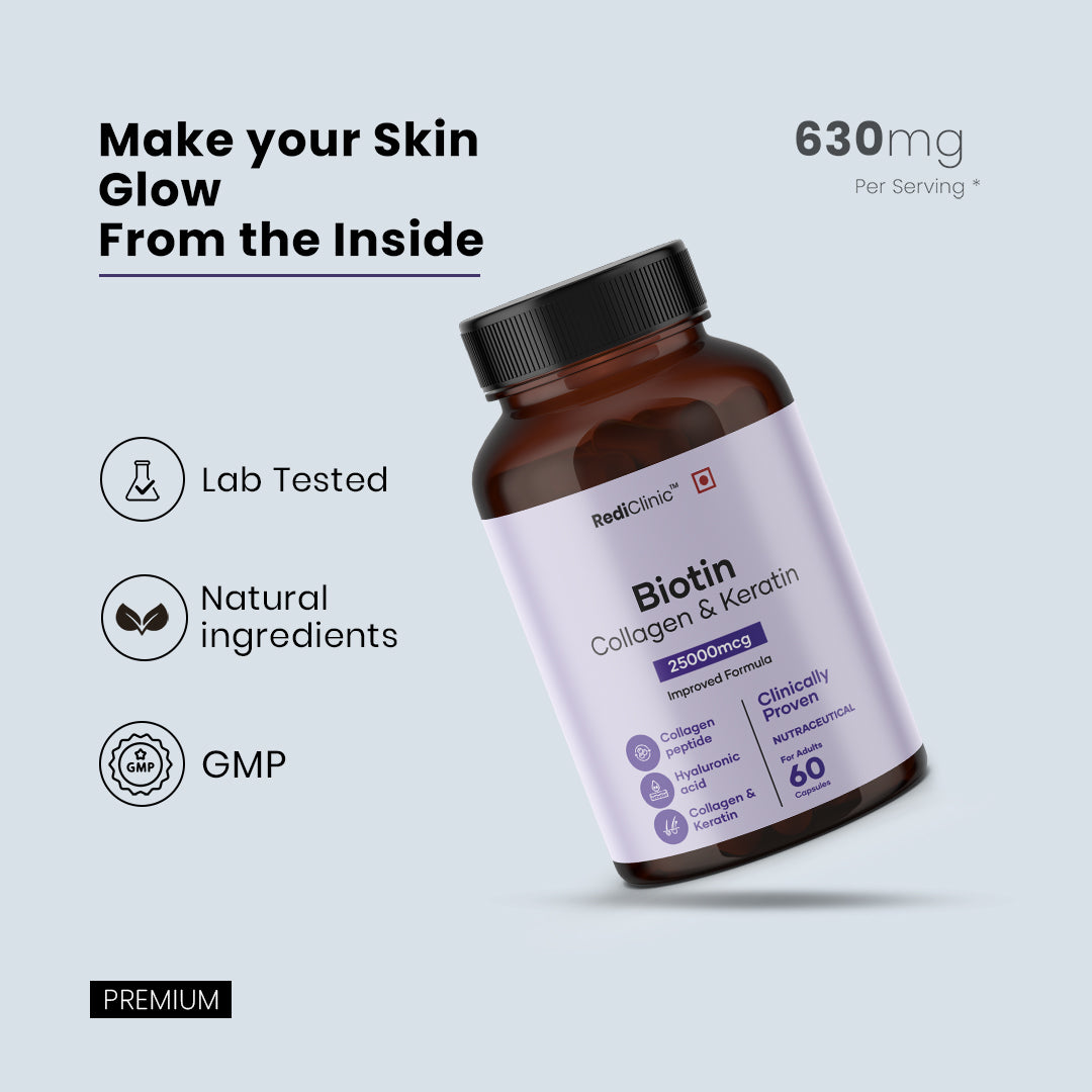 RediClinic Biotin Capsules for Men and Women | Biotin, Keratin and Collagen Peptides | Supports Healthy Hair, Skin and Nails | Helps Enhance Skin Elasticity and Hydration | Helps in Controlling Wrinkles and Fine Lines