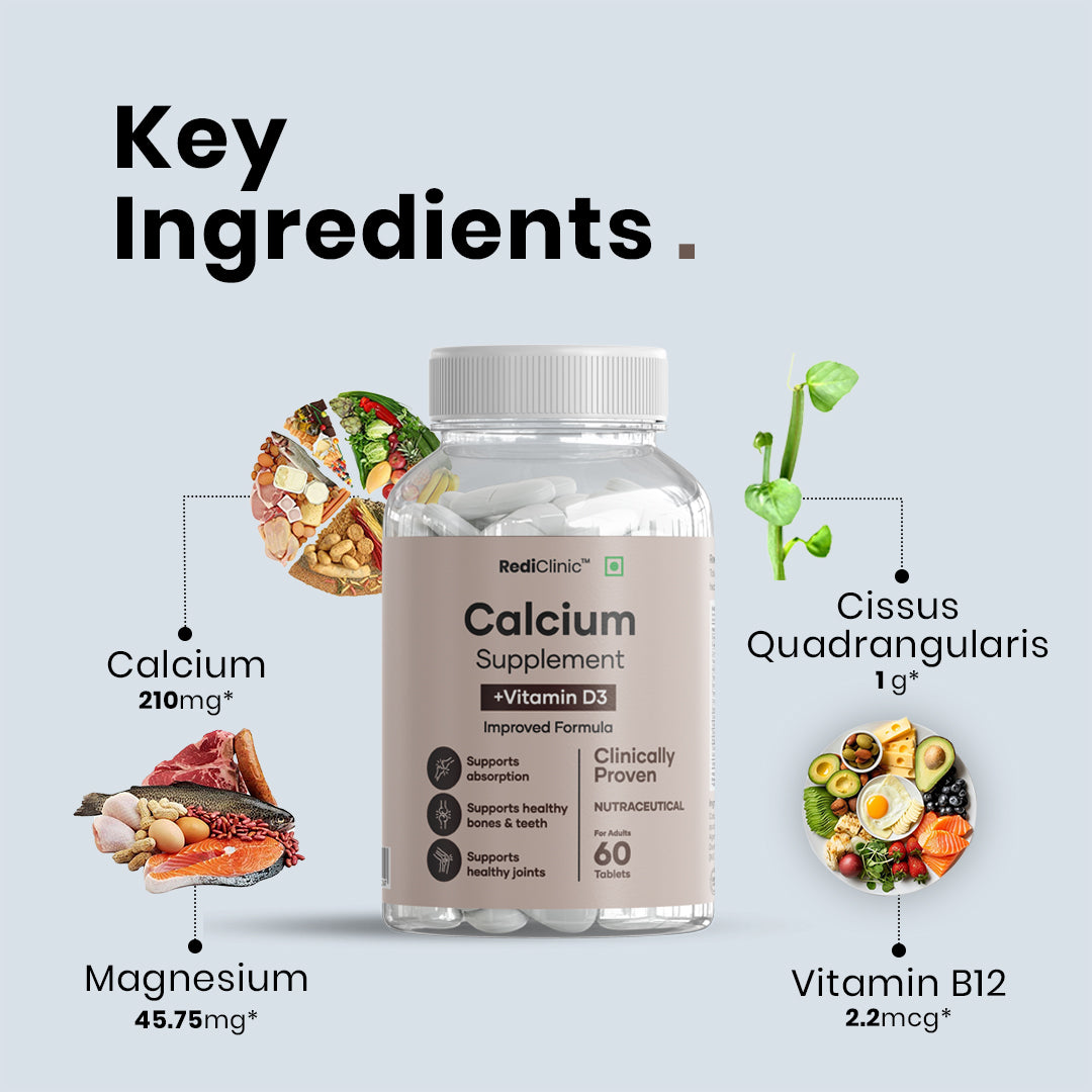 Rediclinic Calcium Tablets with Magnesium, Zinc, Vitamin D3 and Cissus Quadrangularis For Stronger Bones | 60 Tablets