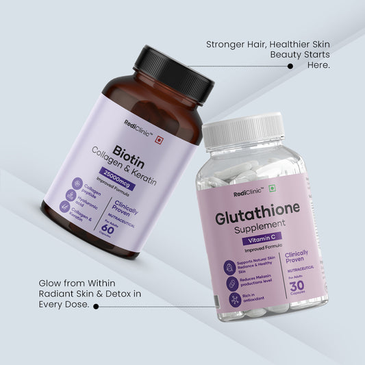 RediClinic Ultimate Skin Glow Kit | Pure Japanese Glutathione (500mg) And Biotin Collagen, Keratin (25000mcg) | RediClinic