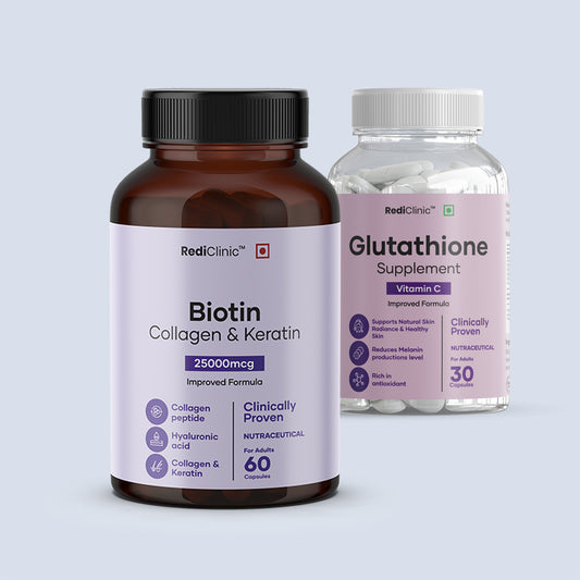 RediClinic Ultimate Skin Glow Kit | Pure Japanese Glutathione (500mg) And Biotin Collagen, Keratin (25000mcg) | RediClinic