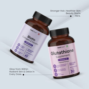RediClinic Ultimate Skin Glow Kit | Pure Japanese Glutathione (500mg) And Biotin Collagen, Keratin (25000mcg) | RediClinic