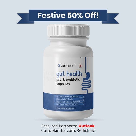 RediClinic Gut health Pre-Probiotics Supplement 60 Billion CFUs | Pre & Probiotic Capsules For Men & Women | 60 Capsules