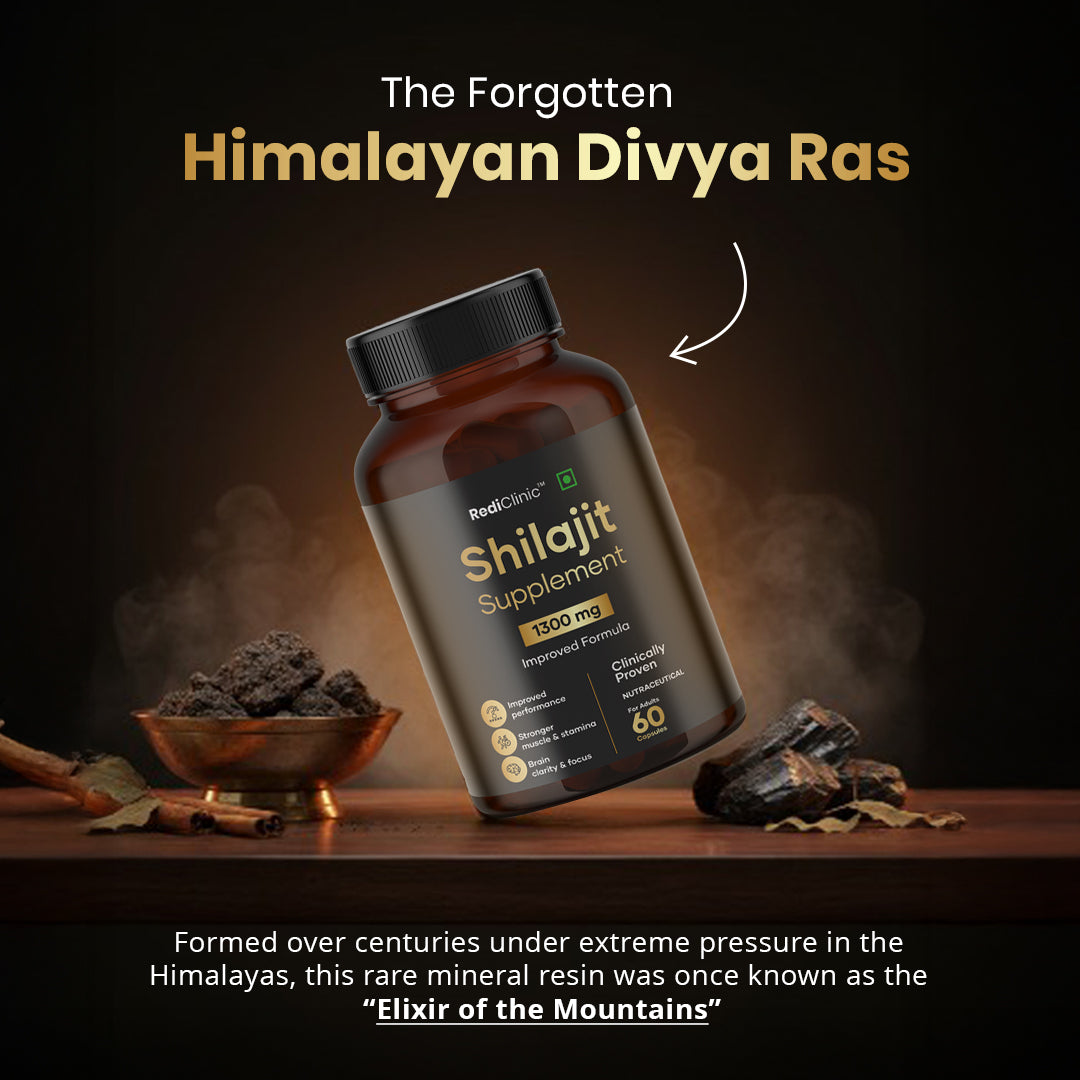 RediClinic Divya Ras Shilajit Power of 1300 mg Pure Asphaltum | Extracted from 18,000 ft Himalayan Altitudes | Enriched with 15+ Herbs