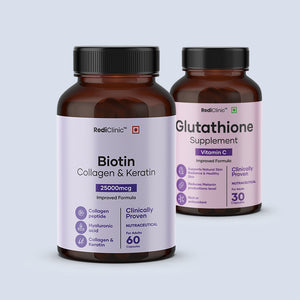 RediClinic Ultimate Skin Glow Kit | Pure Japanese Glutathione (500mg) And Biotin Collagen, Keratin (25000mcg) | RediClinic
