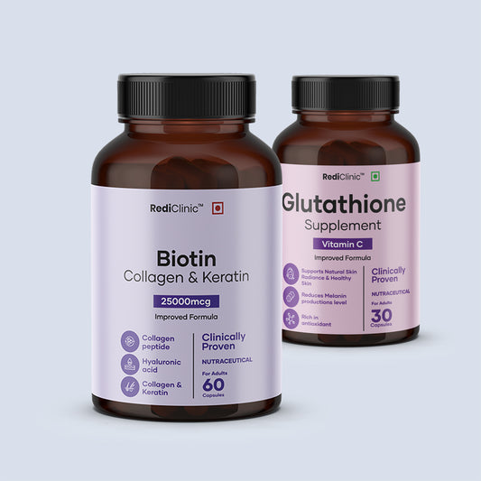 RediClinic Ultimate Skin Glow Kit | Pure Japanese Glutathione (500mg) And Biotin Collagen, Keratin (25000mcg) | RediClinic