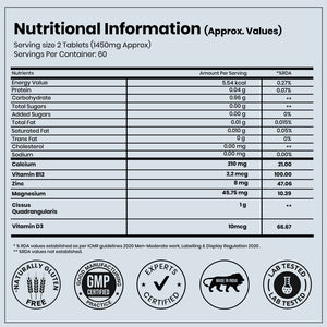 RediClinic Advanced Calcium Complex Tablets with Calcium Citrate Malate, Magnesium, Zinc, Vitamin D3, Vitamin B12 & Cissus Quadrangularis | Complete Bone Strength & Joint Support Formula | 60 Tablets